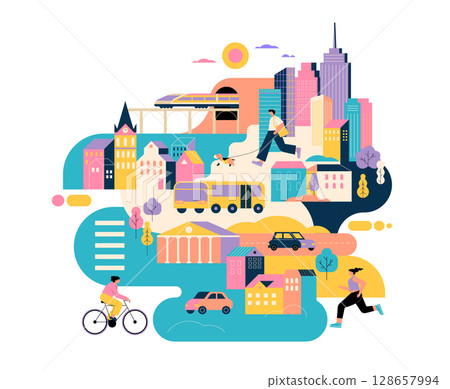 Colorful Urban Life Illustration. Modern Cityscape with People, Transportation, and Skyscrapers. 128657994