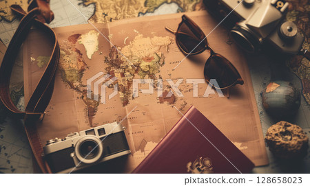 Vintage map, camera, sunglasses and passport for travel Vintage map, camera, sunglasses and passport for travel 128658023