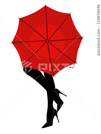 elegant woman legs wearing high heels shoes and bright red umbrella vector silhouette outline 128658046