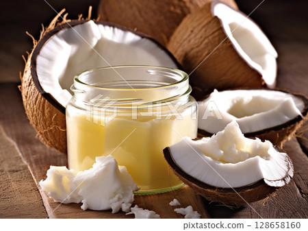 Jar of coconut oil for cooking on coconuts background.Macro.AI Generative 128658160