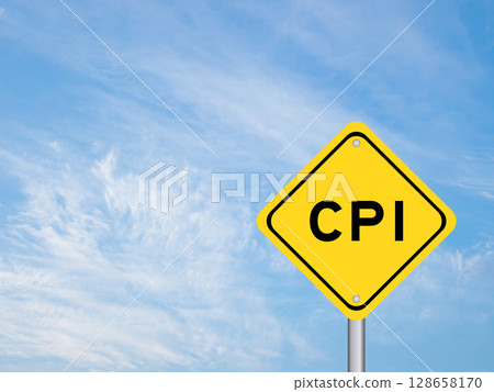 Yellow transportation sign with word CPI (abbreviation of Consumer Price Index) on blue color sky background Yellow transportation sign with word CPI (abbreviation of Consumer Price Index) on blue color sky background 128658170