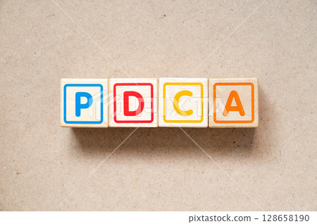 Alphabet letter block in word PDCA (Abbreviation of plan do check act) on wood background Alphabet letter block in word PDCA (Abbreviation of plan do check act) on wood background 128658190