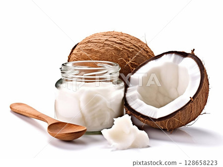 Glass jar with organic vegan coconut oil and spoon on white background.Macro.AI Generative 128658223