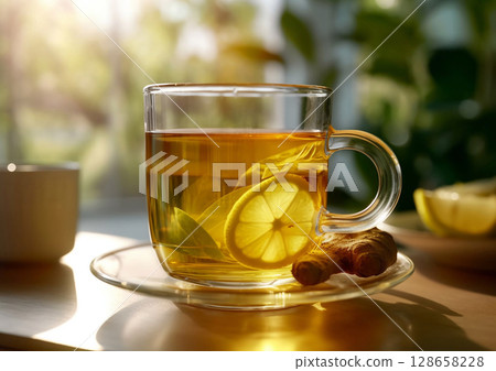 Glass cup with hot ginger,lemon and honey tea for immune system on table.Macro.AI Generative 128658228
