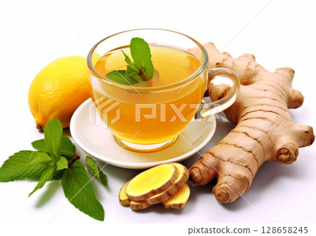 Hot tea cup with ginger,honey and lemon on white background.Macro.AI Generative 128658245