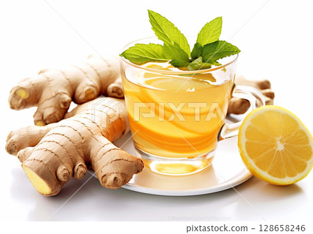 Hot tea cup with ginger,honey and lemon on white background.Macro.AI Generative Hot tea cup with ginger,honey and lemon on white background.Macro.AI Generative 128658246