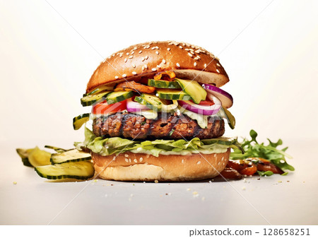 Zucchini vegetarian burger sandwich with vegetables on white background.Macro.AI Generative 128658251