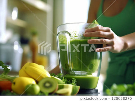 Young woman making healthy vegan green smoothie cocktail in kitchen.Macro.AI Generative Young woman making healthy vegan green smoothie cocktail in kitchen.Macro.AI Generative 128658270