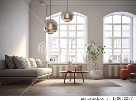 Large scandinavian modern style interior living room with large windows.Macro.AI Generative 128658297