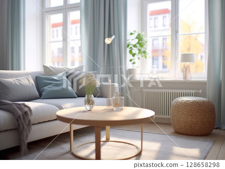 Large scandinavian modern style interior living room with large windows.Macro.AI Generative 128658298