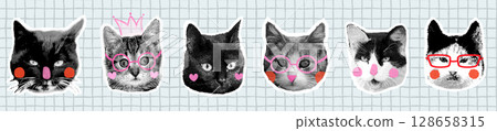 Funny cat faces vector halftone collage set, Funky half tone animal kitty head graphic elements, modern pop style design 128658315