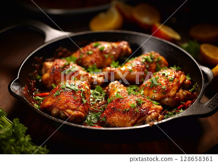 Pan with fried spicy chicken legs on dark kitchen background.Macro.AI Generative Pan with fried spicy chicken legs on dark kitchen background.Macro.AI Generative 128658361