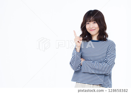 woman pointing finger woman pointing finger 128658382