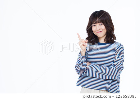 woman pointing finger 128658383