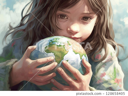 Little girl with planet earth in her hands.Take care of environment concept.Macro.AI Generative. 128658405