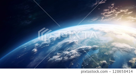 View from space on our beautiful planet earth with sunrise.Top rated.AI Generative 128658414