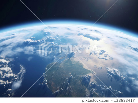 Panoramic shot of our beautiful planet earth globe with dark space background.Macro.AI Generative 128658417