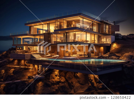 Modern luxury villa house with swimming pool for nightlife party.AI Generative Modern luxury villa house with swimming pool for nightlife party.AI Generative 128658422