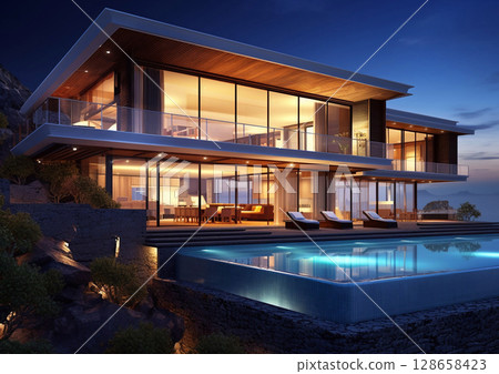 Modern luxury villa house with swimming pool for nightlife party.AI Generative 128658423