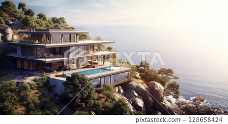 Modern luxury vacation villa house on mountain with beautiful ocean view.AI Generative 128658424