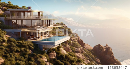 Large luxury modern villa house with swimming pool on mountain hill with sea view.AI Generative Large luxury modern villa house with swimming pool on mountain hill with sea view.AI Generative 128658447