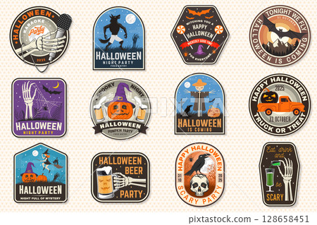 Set of Halloween celebration patch collection. Halloween party retro templates, badges, seals, patches. Concept for shirt or logo, print, stamp. Typography design- stock vector. 128658451
