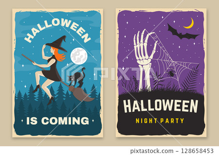 Set of Halloween celebration flyer, poster, banner collection. Halloween party retro templates, invitation poster, seals, patches. Concept for shirt or logo, print, stamp. Typography design- vector. 128658453