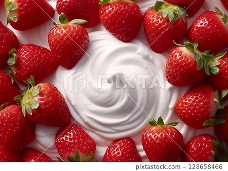 Fresh raw red strawberries with natural creamy yogurt.Macro.AI Generative 128658466