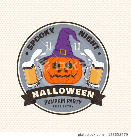 Halloween Pumpkin patch party design. Spooky night. Vector illustration. For holiday Halloween design, shirt, logo, badge, decorations, cards, banner with pumpkin in wizard hat, beer silhouette. Halloween Pumpkin patch party design. Spooky night. Vector illustration. For holiday Halloween design, shirt, logo, badge, decorations, cards, banner with pumpkin in wizard hat, beer silhouette. 128658479