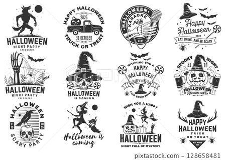 Halloween vector set with spooky elements including pumpkins, skulls in wizard hats, werewolf, flying witch on a broomstick, beer mug, and pumpkin pickup truck silhouette. Perfect for Halloween t 128658481