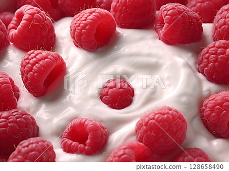 Fresh raw red raspberries with natural creamy yogurt.Macro.AI Generative 128658490