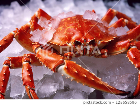 Raw fresh crab on melted ice in seafood market.Macro.AI generative 128658596