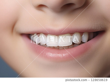 Close up young boy detail healthy white teeth.Macro.AI Generative 128658619