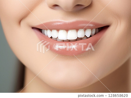 Close up woman smile with detail healthy white teeth.Macro.AI Generative 128658620