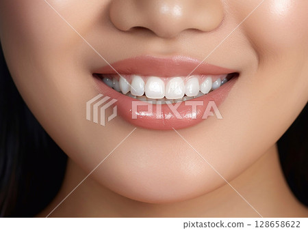 Close up asian woman detail healthy white teeth.Macro.Ai Generative Close up asian woman detail healthy white teeth.Macro.Ai Generative 128658622
