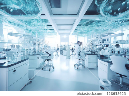 Large modern laboratory with young scientist team working on new research healthcare.AI Generative Large modern laboratory with young scientist team working on new research healthcare.AI Generative 128658623