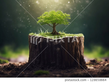 Young tree emerging from old stump in green forest.New life and hope concept.Macro.AI Generative 128658664