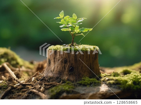 Young tree emerging from old stump in green forest.New life and hope concept.Macro.AI Generative 128658665
