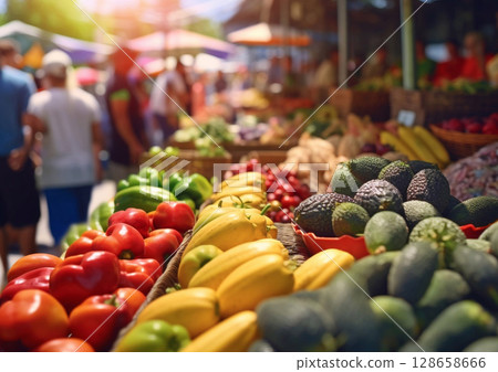 Summer farmers market with fresh vegetables and fruits and people.Macro.AI Generative 128658666