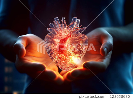 Female hands holding glowing heart.Healthy heart concept.Take care.Macro.AI Generative 128658680