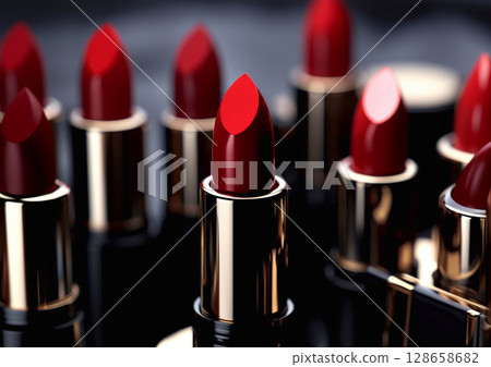 Dark red glossy lipsticks on dark background.Macro.AI Generative 128658682