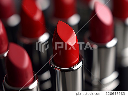 Dark red glossy lipsticks on dark background.Macro.AI Generative 128658683