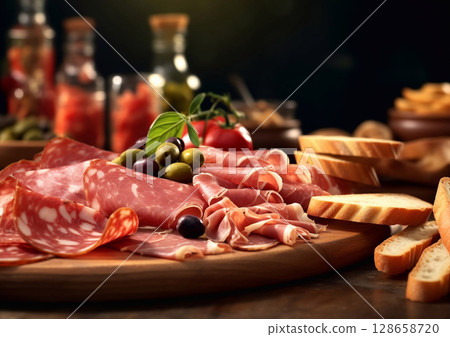 Italian appetizer selection snack board on dark background.Macro.AI Generative 128658720