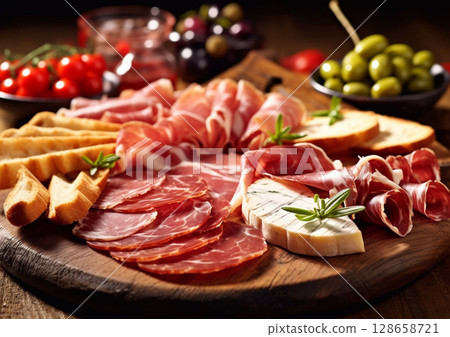 Italian appetizer selection snack board on dark background.Macro.AI Generative 128658721