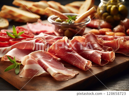 Appetizer snack with prosciutto ham,parma ham, salami,beef olives and breadstick.Macro.AI Generative 128658723