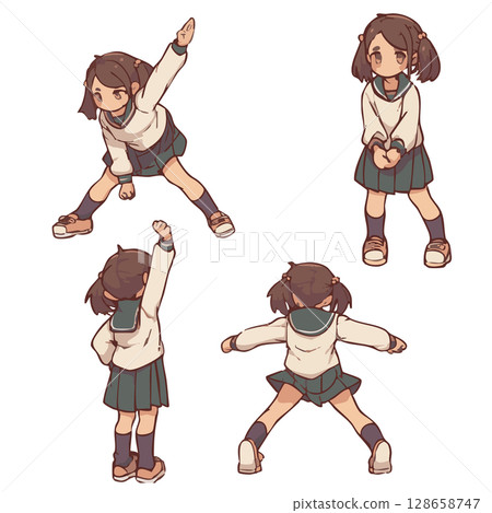 穿著水手服的女孩的歡樂姿勢集 128658747