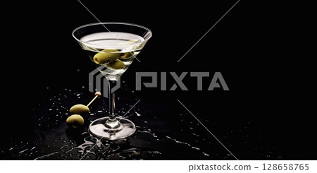 Martini vodka cocktail with olive on dark background.Space for text.AI Generative Martini vodka cocktail with olive on dark background.Space for text.AI Generative 128658765