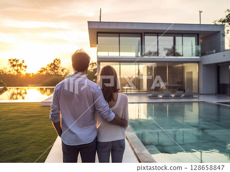 Couple looking at their new modern house with swimming pool.Macro.AI Generative Couple looking at their new modern house with swimming pool.Macro.AI Generative 128658847