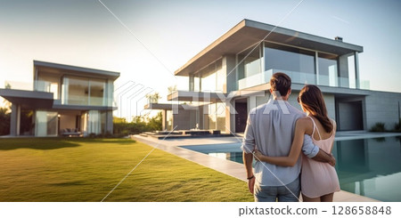 Couple looking at their new modern house with swimming pool.Macro.AI Generative 128658848