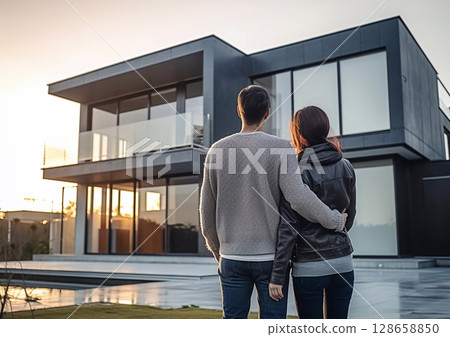 Young couple moving to their new modern house with swimming pool.Macro.AI Generative 128658850